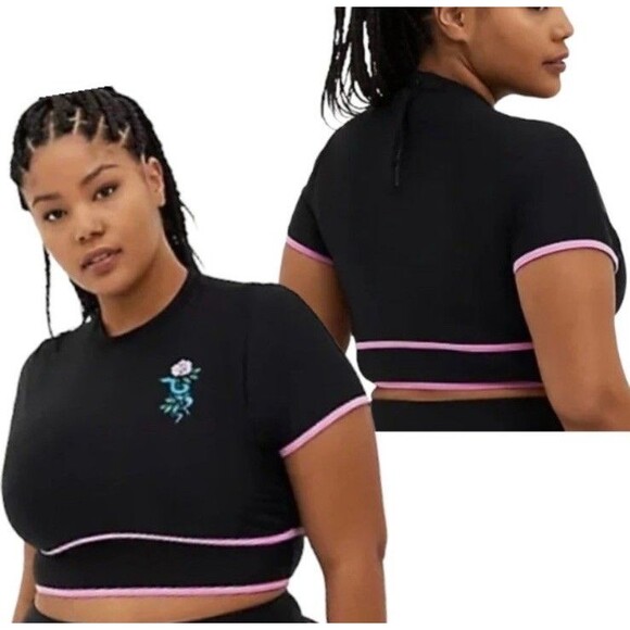NEW TAGS Torrid Active Size 0 Black Snake Rose Wireless Cropped Piping Rashguard - Picture 1 of 12